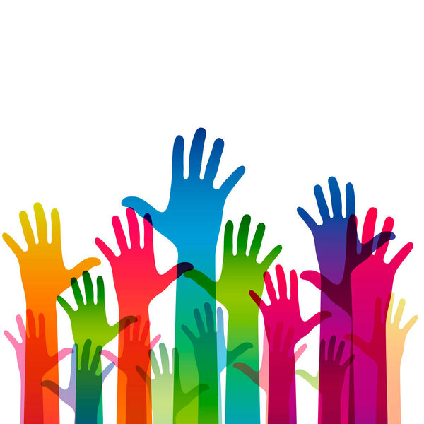 Hands on a light background. Colorful silhouettes arms.  Vector team, help, friendship symbol illustration.