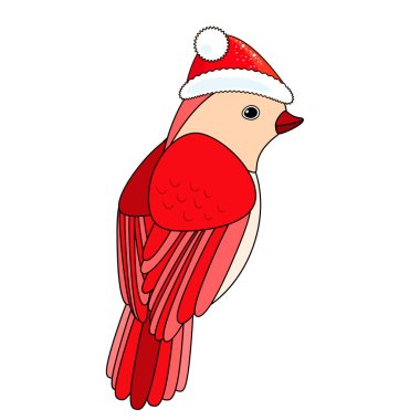 Kırmızı Noel şapkalı şirin bir Noel kuşu, beyaz arka planda izole edilmiş renk tarzı, vektör işareti.. 