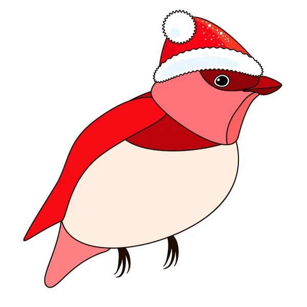 Cute Christmas Bird Red Christmas Hat Coloring Style Isolated White — Stock Vector