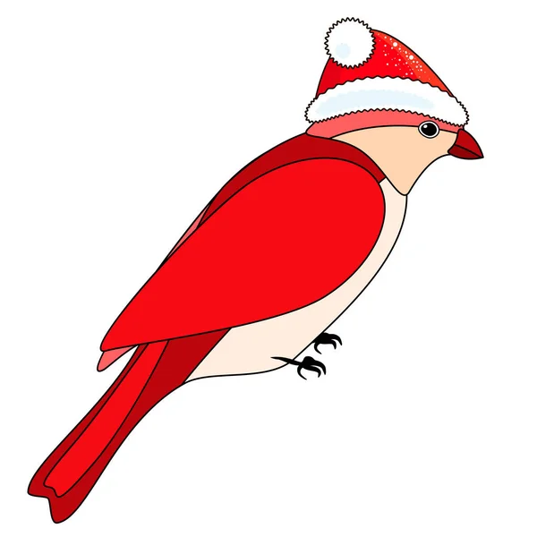 Lindo Pájaro Navidad Sombrero Rojo Navidad Estilo Colorear Aislado Sobre — Vector de stock