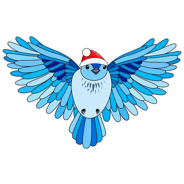 Cute Christmas Bird Czerwonym Kapeluszu Bożego Narodzenia Styl Kolorowanki Izolowane — Wektor stockowy