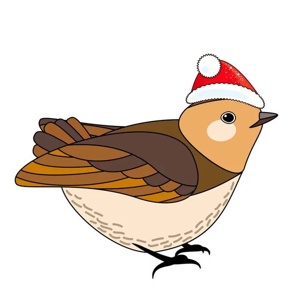 Roztomilý Vánoční Pták Červené Vánoční Klobouk Zbarvení Styl Izolované Bílém — Stockový vektor
