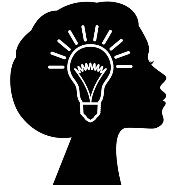 灯泡在一个漂亮女人的头像上 头脑风暴 尤利卡的概念 — 图库矢量图片