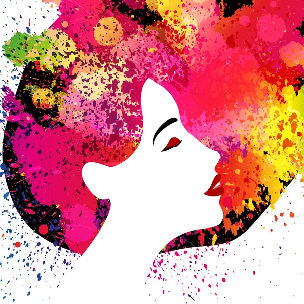 Beautiful Woman Profile Beauty Face Multicolored Splashes Hair Made Splashes — Stock Vector