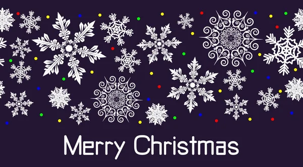 エレガントな雪の結晶と新年のガーランドの多色の光の雪の吹雪 メリークリスマスのテキスト お祝いの装飾デザインのための休日のバナー — ストックベクタ