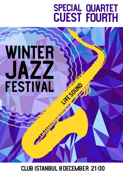 Αφίσα Φεστιβάλ Τζαζ Σαξόφωνο Φόντο Τριγωνικού Πολυγώνου Banner Μουσικών Μέσων — Διανυσματικό Αρχείο
