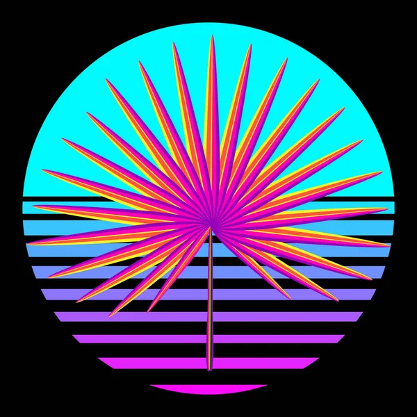 웨이브 대네온 지형검은 배경에 야자나무 지향적 태양의 아이콘 디자인 템플릿 — 스톡 벡터