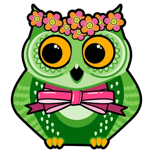 带着蝴蝶结的花环中可爱的猫头鹰 卡通矢量图解 幽默的庆祝万圣节的概念 — 图库矢量图片