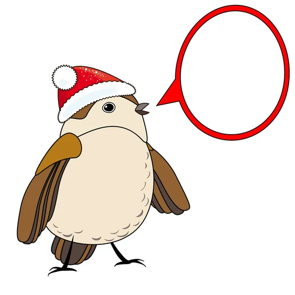 Roztomilý Vánoční Pták Červené Vánoční Klobouk Bublinou Řeči Izolované Bílém — Stockový vektor