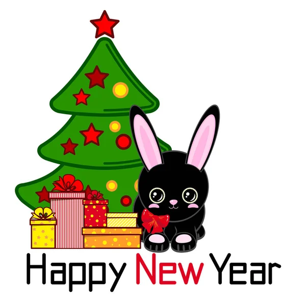 Gelukkig Nieuwjaar Een Schattig Zwart Konijn Bij Een Versierde Kerstboom — Stockvector