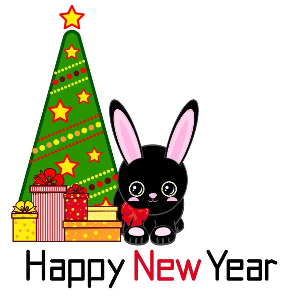 Happy New Year Cute Black Rabbit Decorated Christmas Tree Gifts — Stock Vector