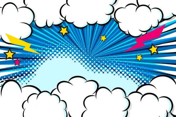 Comic Σύννεφο Πλαίσιο Κεραυνούς Και Αστέρια Halftone Ακτίνες Φόντο Σχεδιασμός — Διανυσματικό Αρχείο