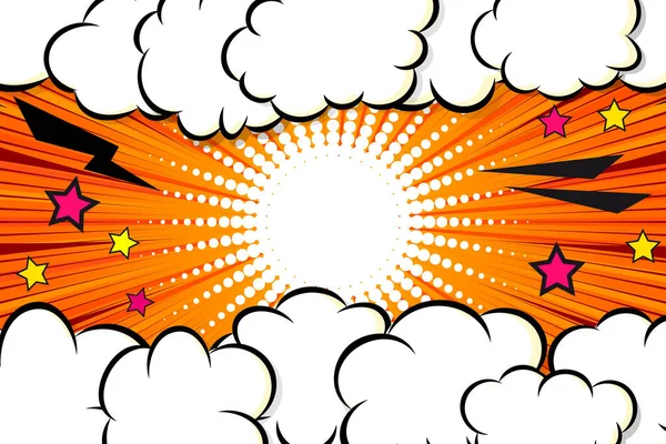 Comic Wolkenrahmen Mit Blitz Und Sternen Auf Halbtonstrahlung Hintergrund Design — Stockvektor