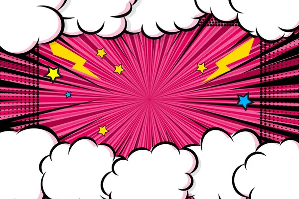 Comic Wolkenrahmen Mit Blitz Und Sternen Auf Halbtonstrahlung Hintergrund Design — Stockvektor