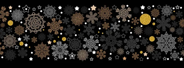 多色の装飾的な雪片 星や金の円の劇的なエレガントな吹雪 お祝いの装飾デザインのためのクリスマスの休日のバナー — ストックベクタ