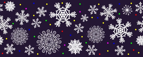 Zarif Kar Taneleri Kar Fırtınası Yılbaşı Çelenklerinin Çok Renkli Işıkları — Stok Vektör