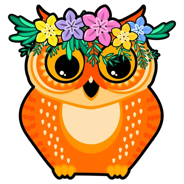 花环里的猫头鹰很可爱 卡通矢量图解 幽默的庆祝万圣节的概念 — 图库矢量图片