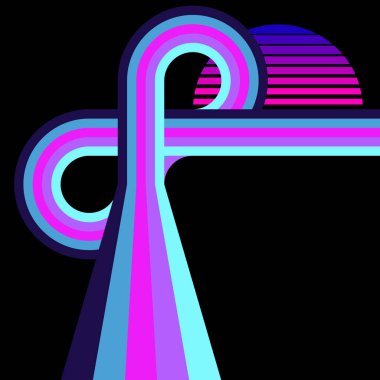 Retro Striped Sunrise Neon Arkaplanı. Otoyol vektör illüstrasyonu