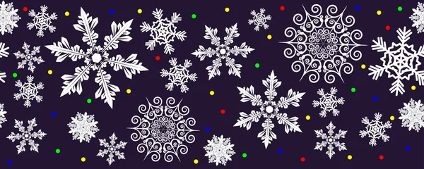 Снігопади Елегантних Сніжинок Різнокольорові Вогні Новорічних Гірлянд Різдвяний Святковий Банер — стоковий вектор