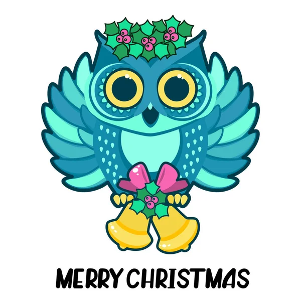 Chouette Hibou Dans Une Couronne Noël Tient Des Cloches Noël — Image vectorielle