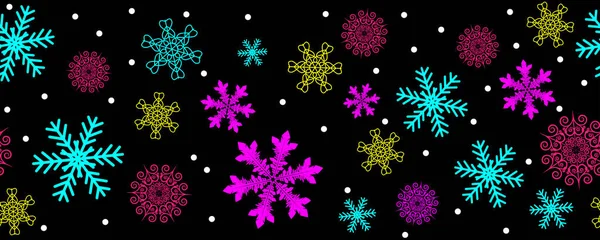 Neon Schneesturm Von Bunten Dekorativen Schneeflocken Weihnachten Urlaub Banner Für — Stockvektor