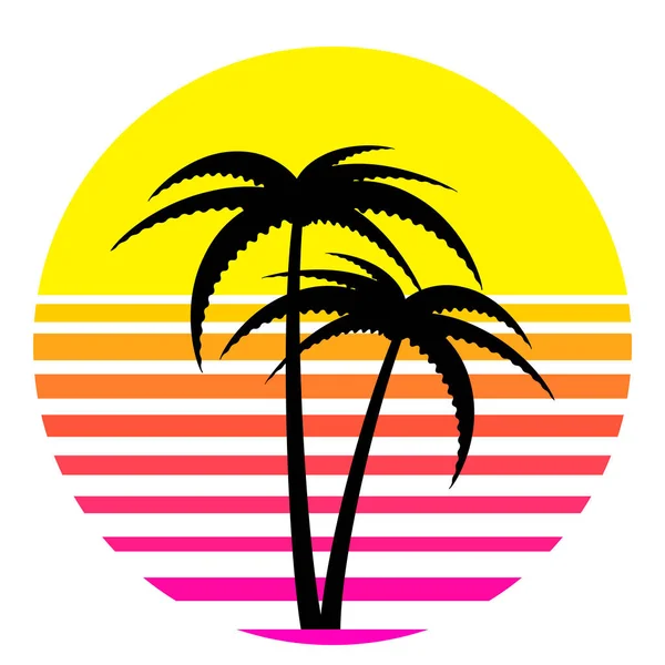 合成波 蒸汽波 逆波80年代的霓虹灯景观 梯度彩色日落与棕榈树轮廓 隔离在白色背景 复古的未来美学太阳圆环标志 标志或图标设计模板 矢量说明 — 图库矢量图片