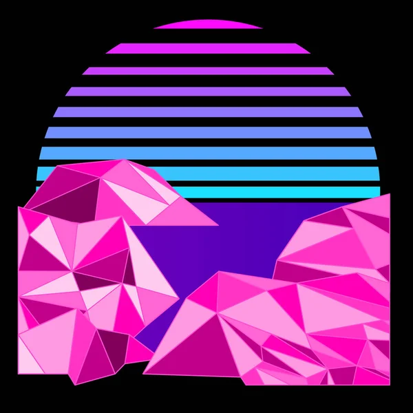 Synthwave Vaporwave Retrowave 80S Neon Landscape Gradient Colored Sunset Polygon — Vector de stock