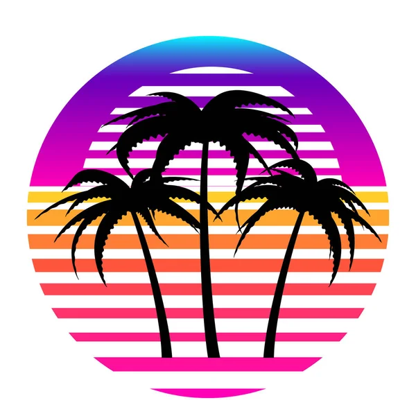 合成波 蒸汽波 逆波80年代的霓虹灯景观 梯度彩色日落与棕榈树轮廓 隔离在白色背景 复古的未来美学太阳圆环标志 标志或图标设计模板 矢量说明 — 图库矢量图片