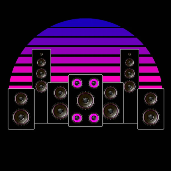 Synthwave Vaporwave Retrowave 80S Neon Landscape Gradient Colored Sunset Speakers — ストックベクタ