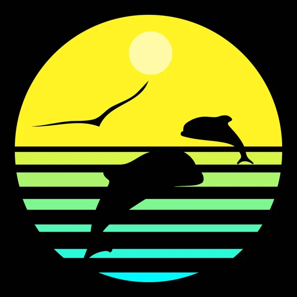 Synthwave Vaporwave Retrowave 80S Neon Landscape Gradient Colored Sunset Dolphins — Stock Vector