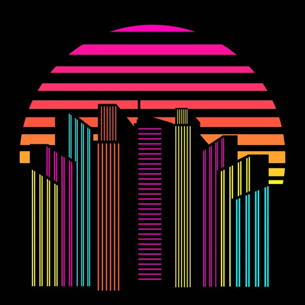 Synthwave Vaporwave Retrowave 80S Neon Landscape Gradient Colored Sunset Urban — ストックベクタ