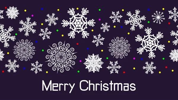 エレガントな雪の結晶と新年のガーランドの多色の光の雪の吹雪 メリークリスマスのテキスト お祝いの装飾デザインのためのクリスマスの休日のバナー — ストックベクタ