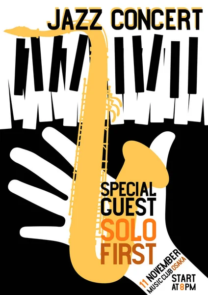 Manifesto Del Festival Jazz Con Sassofono Tastiera Pianoforte Mano Banner — Vettoriale Stock
