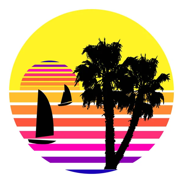 合成波 蒸汽波 逆波80年代的霓虹灯景观 带棕榈树的渐变色落日 游艇轮廓 白色背景隔离 复古的未来美学太阳圆环标志 标志或图标设计模板 矢量说明 — 图库矢量图片