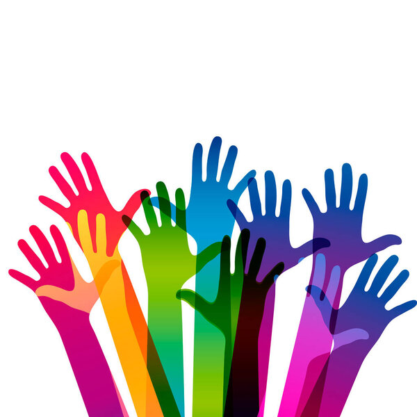 Hands on a light background. Colorful silhouettes arms.  Vector team, help, friendship symbol illustration.