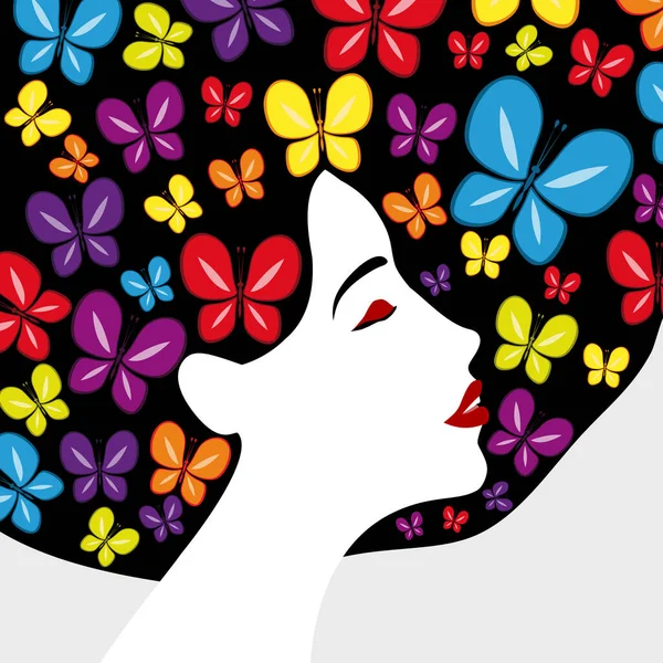 Güzel Kadın Profili Çok Renkli Kelebeklerle Saçlarla Kırmızı Dudaklarla Güzel — Stok Vektör