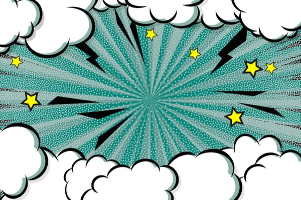 半光線の背景に雷と星と漫画の雲のフレーム デザインテンプレート ベクターアートイラスト — ストックベクタ