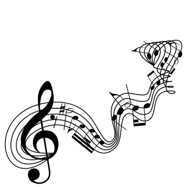 Melodi çizgisi, üç düğmeli anahtar, notalar. Müzik festivalleri arka planında. Parti ilanı için klasik konser illüstrasyonuName.