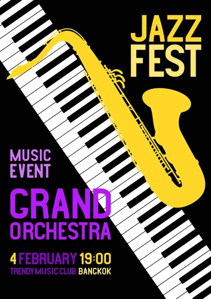 Αφίσα Φεστιβάλ Τζαζ Σαξόφωνο Πιάνο Banner Μουσικών Μέσων Τις Λέξεις — Διανυσματικό Αρχείο
