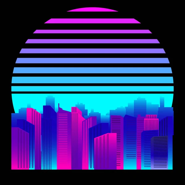 웨이브 대네온 도시에 색다른 배경의 실루엣 지향적 태양의 아이콘 디자인 — 스톡 벡터