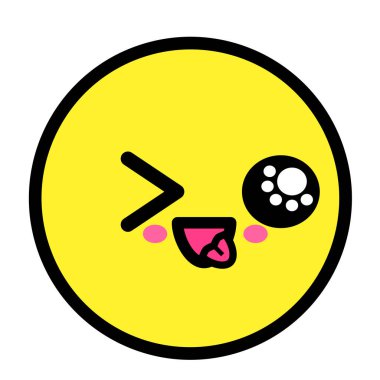 Düz kawaii emoji surat. Sevimli komik çizgi film karakteri. Basit çizgi sanat ifadeleri web simgesi. Duygusal Çıkartma. Vektör grafik illüstrasyonu.