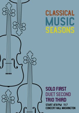 Keman silueti hatları, klasik model, festival posteri, üzerinde klasik müzik sezonları yazan medya afişi. Vektör illüstrasyonu dijital tasarım.