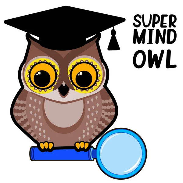 戴着光帽的聪明的学术猫头鹰坐在放大镜上 教育概念 幽默漫画矢量插图 — 图库矢量图片