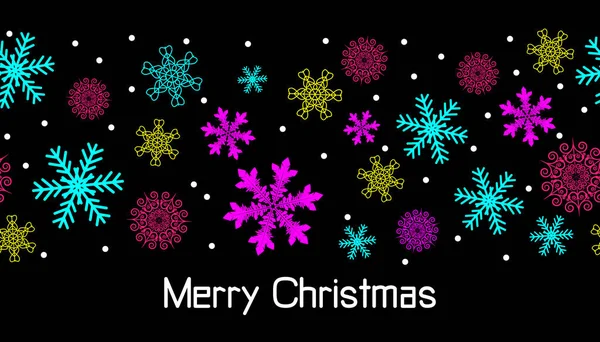 Neon Blizzard Multicolored Decorative Snowflakes Merry Christmas Text Holiday Banner — Stock Vector