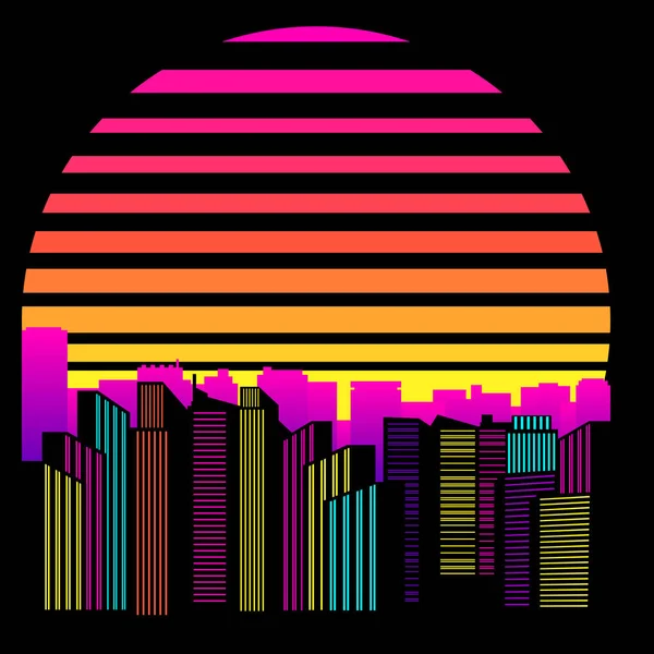 Synthwave Vaporwave Retrowave 80S Neon Landscape Gradient Colored Sunset Urban — ストックベクタ