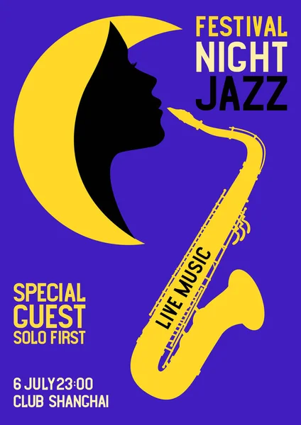 ジャズフェスティバルのポスターには サクソフォン 女性のプロフィール 少女の月 言葉の夜のジャズフェスティバルと音楽メディアバナー ベクターイラストデジタルデザイン — ストックベクタ
