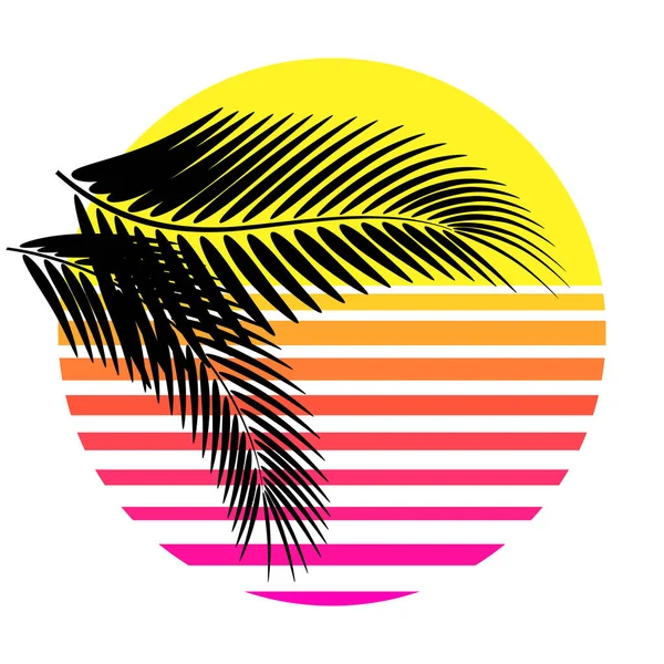 合成波 蒸汽波 逆波80年代霓虹灯景观 梯度彩色日落与棕榈树叶轮廓隔离在白色背景 复古的未来美学太阳圆环标志 标志或图标设计模板 矢量说明 — 图库矢量图片