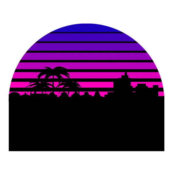 合成波 蒸汽波 逆波80年代的霓虹灯景观 渐变的彩色日落与城市 摩天大楼轮廓隔离在白色背景 复古的未来美学太阳圆环标志 标志或图标设计模板 矢量说明 — 图库矢量图片