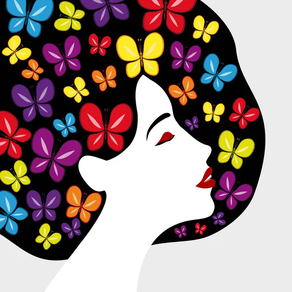 Güzel Kadın Profili Çok Renkli Kelebeklerle Saçlarla Kırmızı Dudaklarla Güzel — Stok Vektör
