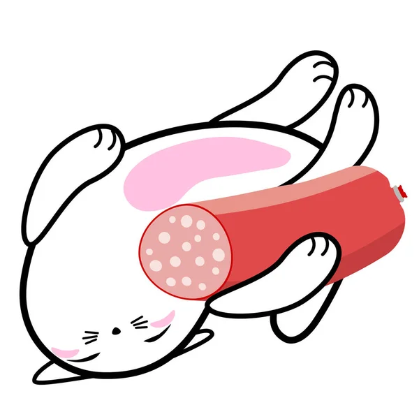 可爱的睡猫 配香肠 手绘面团状 涂鸦卡通画 — 图库矢量图片